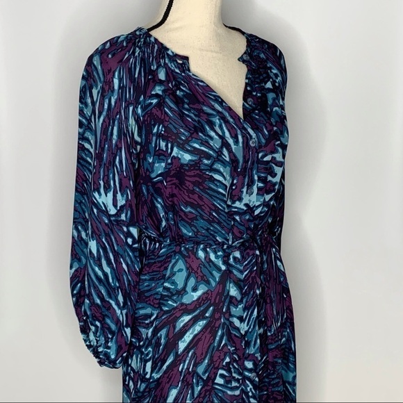 TUCKER Silk Mini Dress Purple Blue Frond Print Small - Picture 5 of 13